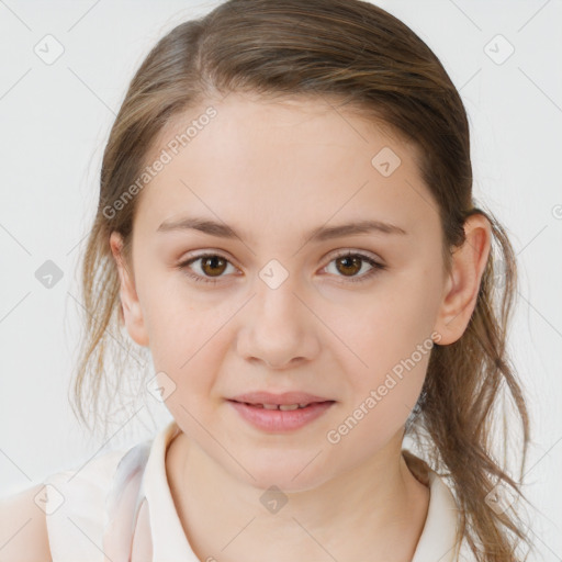 Joyful white child female with medium  brown hair and brown eyes