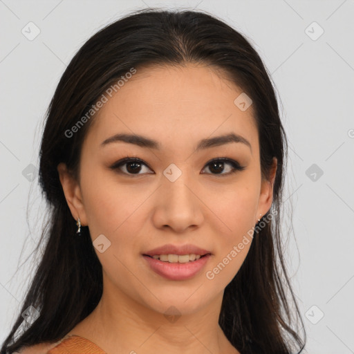 Joyful asian young-adult female with medium  brown hair and brown eyes