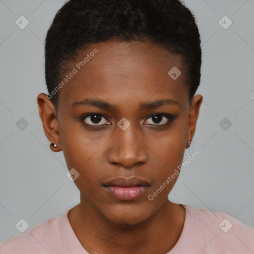 Neutral black young-adult female with short  black hair and brown eyes