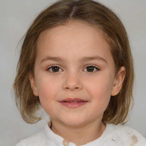 Joyful white child female with medium  brown hair and brown eyes