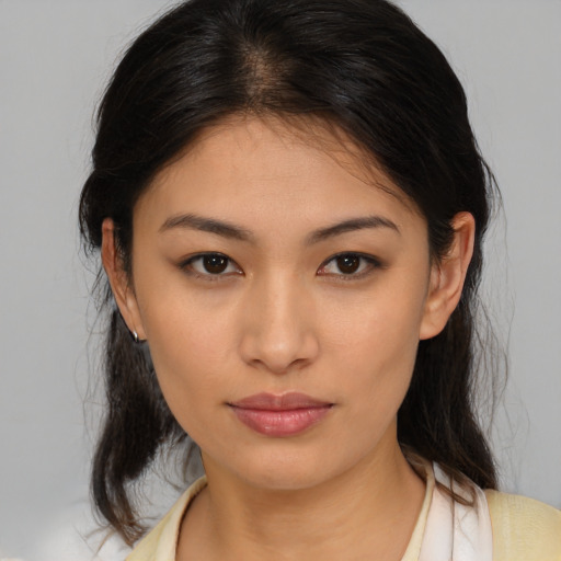 Neutral asian young-adult female with medium  brown hair and brown eyes