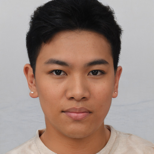 Neutral asian young-adult male with short  black hair and brown eyes