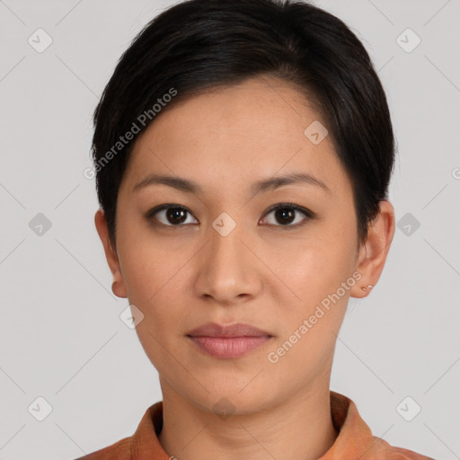 Neutral white young-adult female with short  brown hair and brown eyes