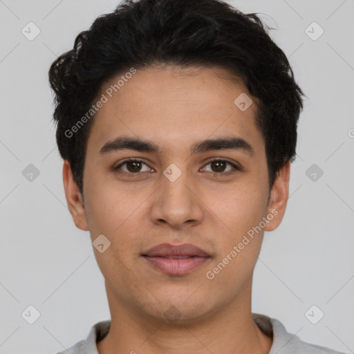 Neutral latino young-adult male with short  brown hair and brown eyes