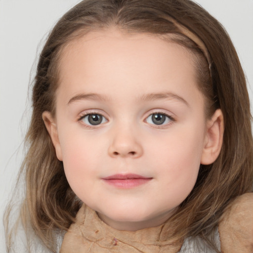 Neutral white child female with medium  brown hair and grey eyes