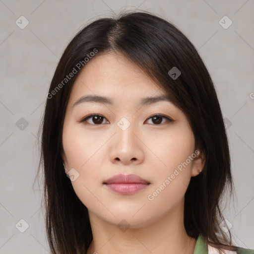 Neutral asian young-adult female with medium  brown hair and brown eyes