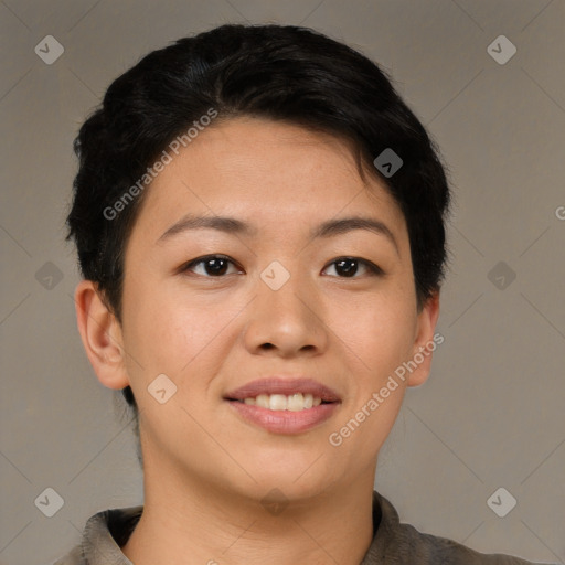 Joyful asian young-adult female with short  brown hair and brown eyes