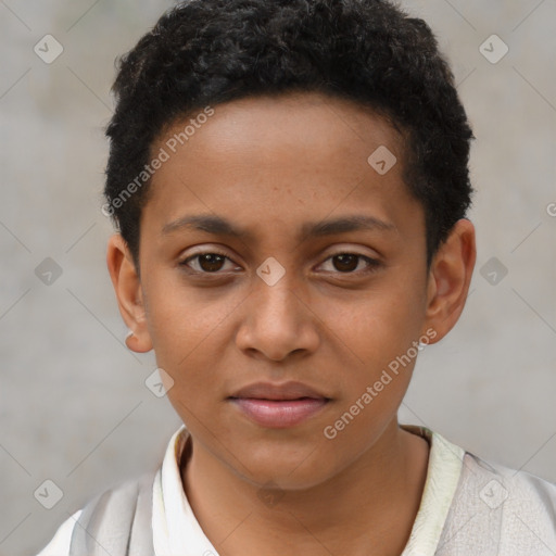 Joyful black young-adult male with short  brown hair and brown eyes