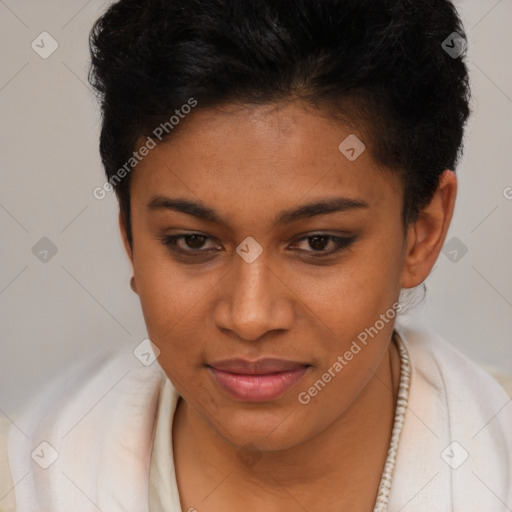 Joyful black young-adult female with short  brown hair and brown eyes