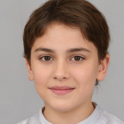 Joyful white child female with short  brown hair and brown eyes