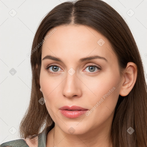 Neutral white young-adult female with long  brown hair and grey eyes