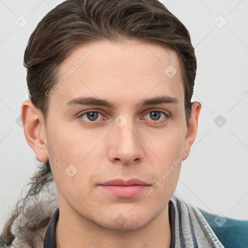 Neutral white young-adult male with short  brown hair and grey eyes