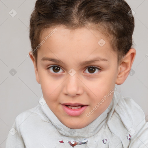 Joyful white child female with short  brown hair and brown eyes