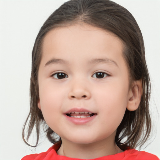 Joyful white child female with medium  brown hair and brown eyes