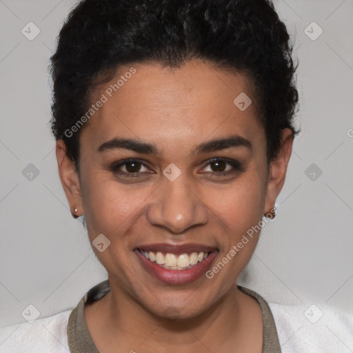 Joyful white young-adult female with short  brown hair and brown eyes