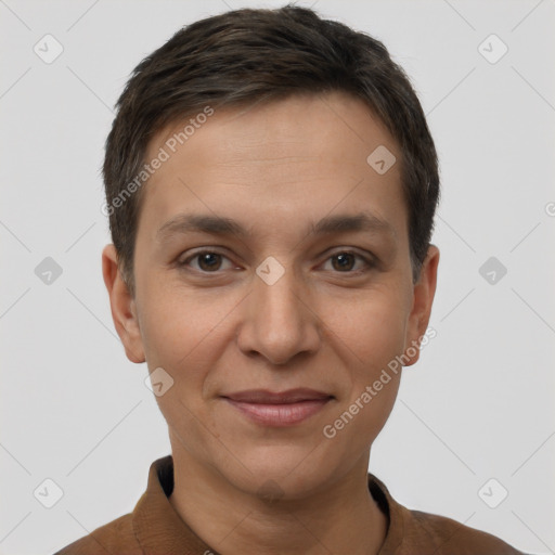 Joyful white young-adult female with short  brown hair and brown eyes