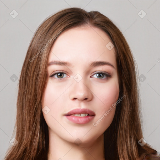 Neutral white young-adult female with long  brown hair and brown eyes