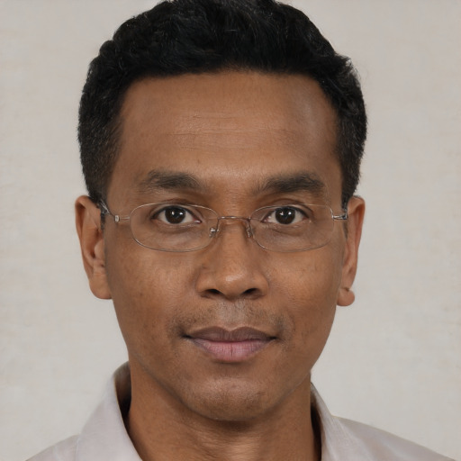 Neutral black adult male with short  black hair and brown eyes