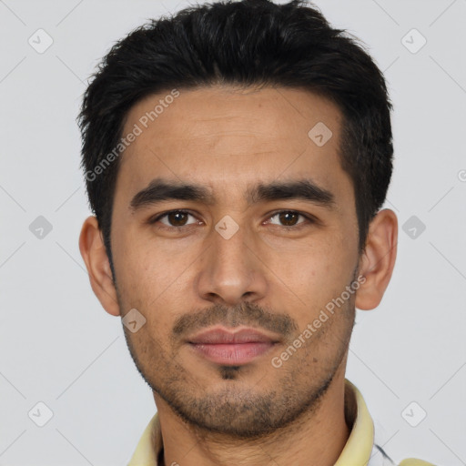 Neutral latino young-adult male with short  black hair and brown eyes