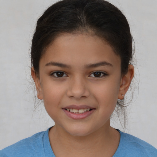 Joyful white child female with medium  brown hair and brown eyes