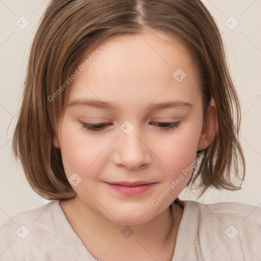 Joyful white child female with medium  brown hair and brown eyes