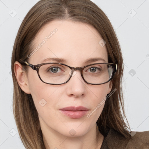 Neutral white young-adult female with long  brown hair and grey eyes