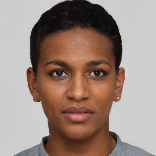 Neutral black young-adult female with short  black hair and brown eyes