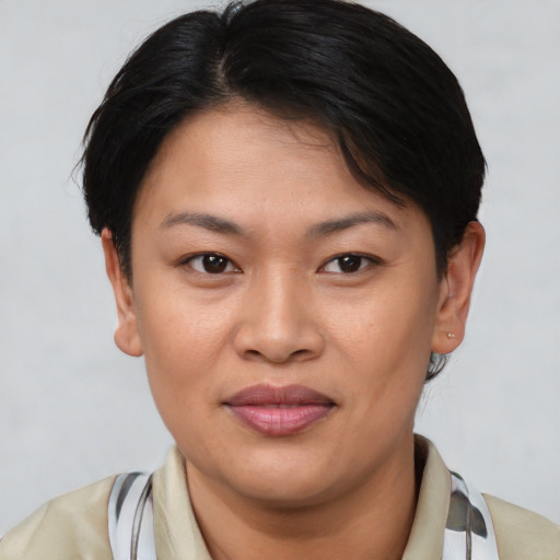 Joyful asian young-adult female with short  brown hair and brown eyes