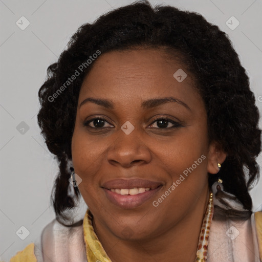 Joyful black young-adult female with long  brown hair and brown eyes