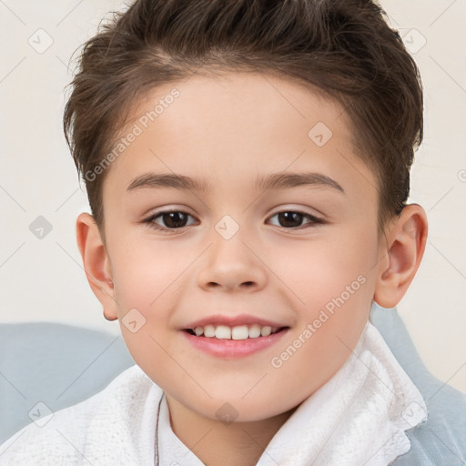 Joyful white child female with short  brown hair and brown eyes