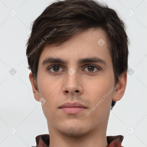 Neutral white young-adult male with short  brown hair and brown eyes