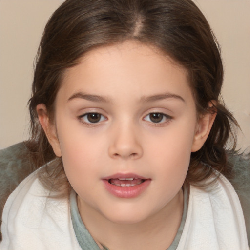 Joyful white child female with medium  brown hair and brown eyes