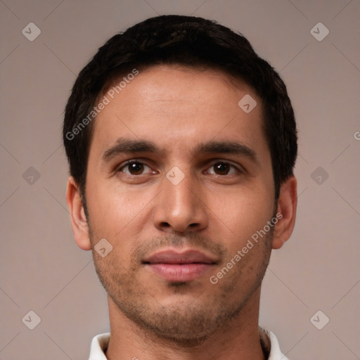 Neutral white young-adult male with short  brown hair and brown eyes