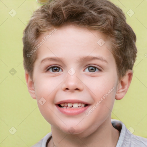 Joyful white child male with short  brown hair and brown eyes