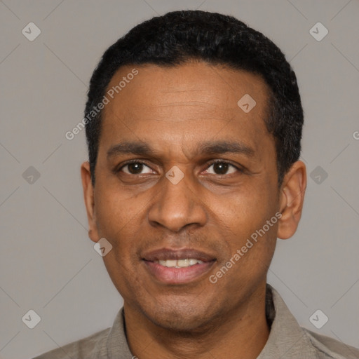 Joyful latino adult male with short  black hair and brown eyes