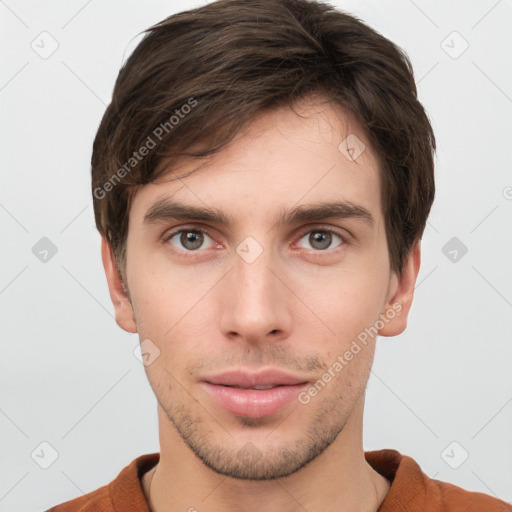 Neutral white young-adult male with short  brown hair and brown eyes