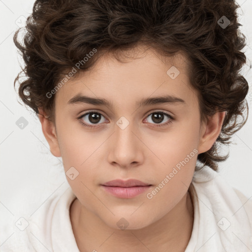 Joyful white child female with medium  brown hair and brown eyes