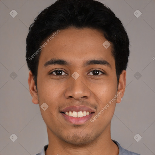 Joyful latino young-adult male with short  black hair and brown eyes