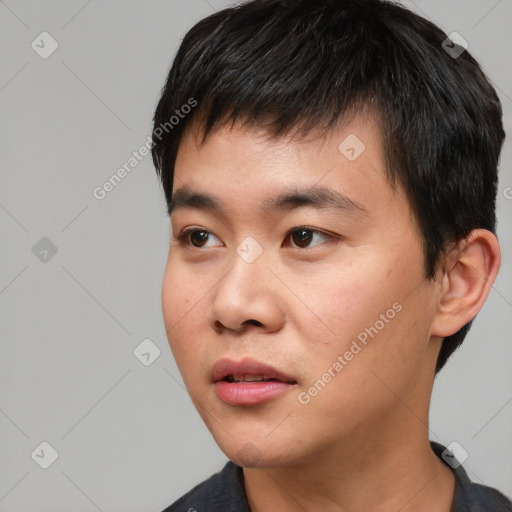 Neutral asian young-adult male with short  black hair and brown eyes