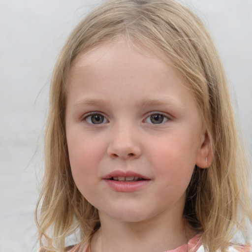 Neutral white child female with medium  brown hair and blue eyes