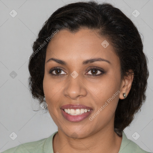 Joyful latino young-adult female with medium  brown hair and brown eyes