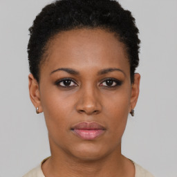 Neutral black young-adult female with short  brown hair and brown eyes