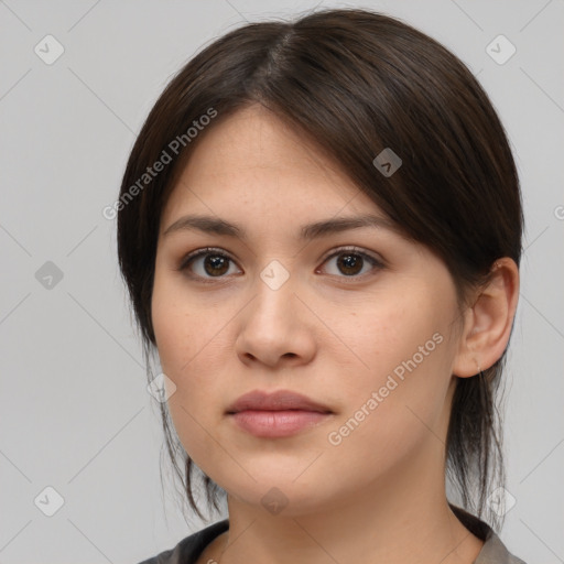 Neutral white young-adult female with medium  brown hair and brown eyes