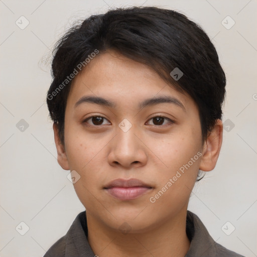 Neutral asian young-adult female with short  brown hair and brown eyes