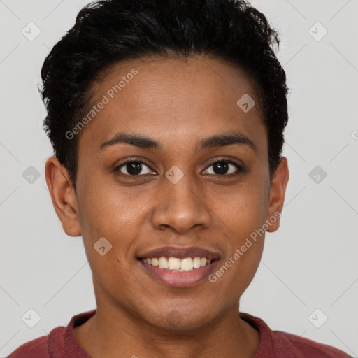 Joyful latino young-adult female with short  brown hair and brown eyes