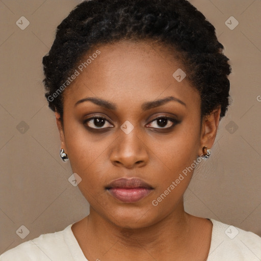 Neutral black young-adult female with short  black hair and brown eyes