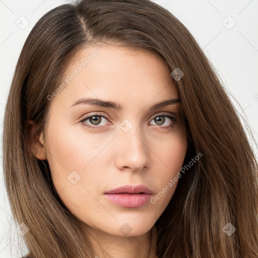 Neutral white young-adult female with long  brown hair and brown eyes