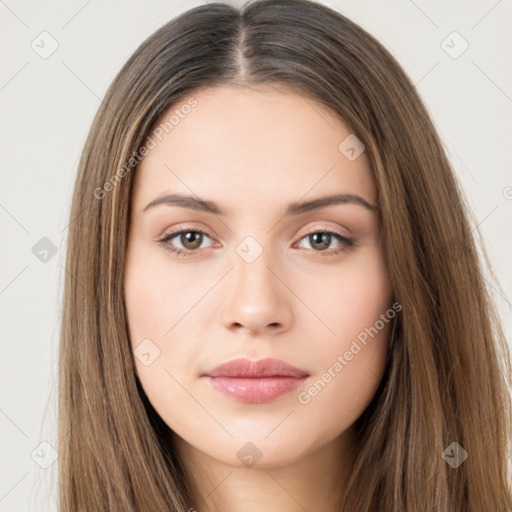 Neutral white young-adult female with long  brown hair and brown eyes