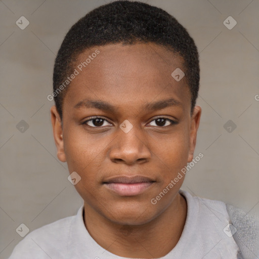 Joyful black young-adult male with short  brown hair and brown eyes