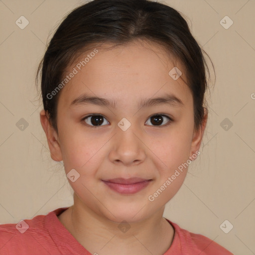 Joyful white child female with medium  brown hair and brown eyes